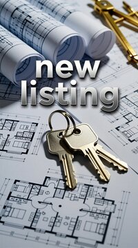 Keys sit on architectural blueprints with rolled plans. Home design project, new listing, property sale concept. Real estate investment, ownership opportunity.