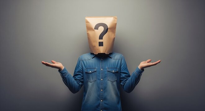 Person in blue denim shirt with brown paper bag over head showing question mark, arms raised in shrugging gesture. Represents confusion, uncertainty, doubt, or unknown concepts.