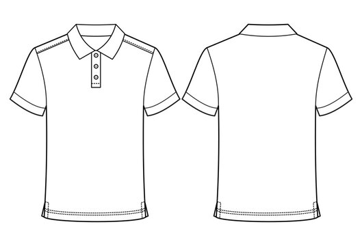 Technical fashion flat sketch of a men's polo T-shirt with front and back views. Features a classic polo collar, three-button placket, short sleeves, and clean construction details. Mockup vector