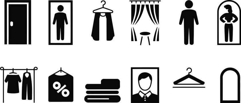 Fashion retail icons collection illustration set, generic changing room shopping hanger and clothing store symbols.
