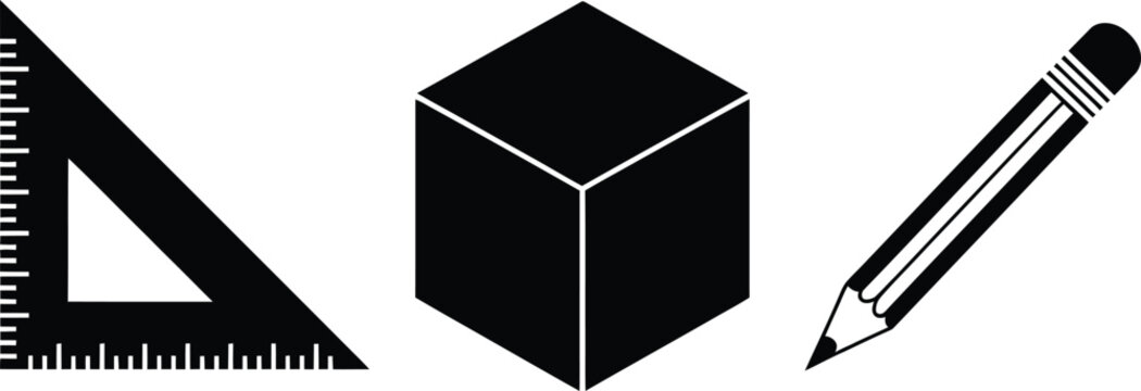 Geometry tools and abstract shapes illustration set, generic triangle ruler cube pencil and cylinder icons.
