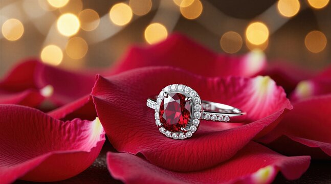 Elegant ruby ring with diamonds rests on red rose petals. Soft bokeh lights create a romantic atmosphere. Perfect for proposals anniversaries or special romantic occasions.