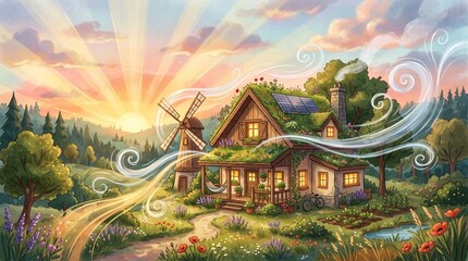Obraz premium Artistic, stylized drawing of a house powered by nature, showing sun rays and wind flows around it, dreamlike illustration, soft warm light, aesthetic and cozy, high-quality digital painting, editori