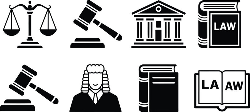 Law and justice icons illustration set, generic legal scales judge gavel courthouse law book and attorney symbols.