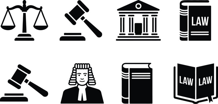 Legal justice icons collection illustration set, generic courthouse gavel scales law book and courtroom symbols.