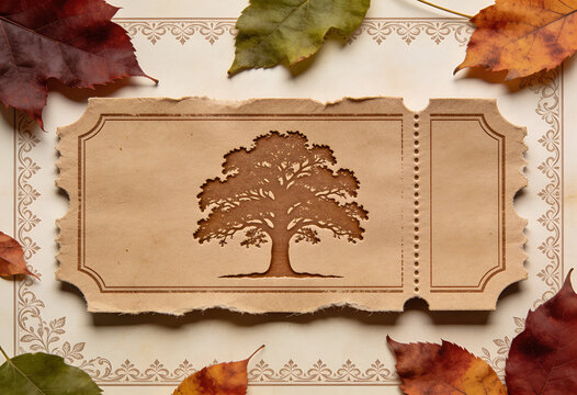 Autumn ticket with tree icon, retro pass, old paper coupon, fall leaves border, harvest festival voucher, admission blank card, nostalgic seasonal event invitation, ticket, autumn, vintage, tree.