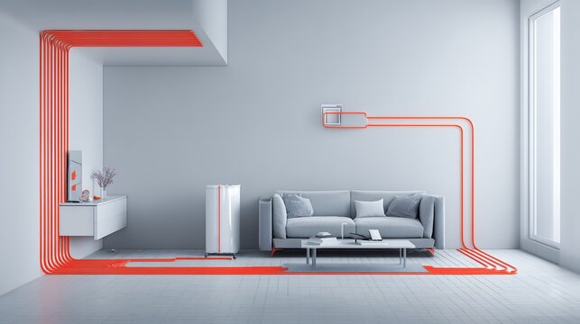 Minimalist modern white living room interior featuring a striking red pipeline design running along the walls for creative concept