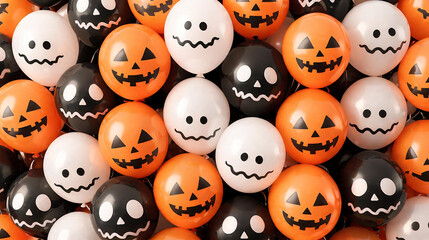 Halloween balloons, scary faces, orange black white party decoration, spooky jack o lantern ghost smiles, trick or treat celebration vibe, october festival ornament, holiday event decor.