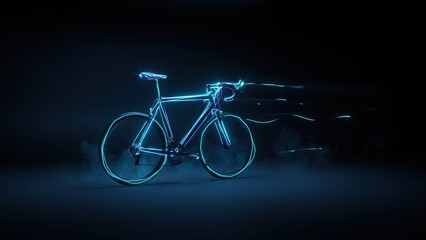 Fototapeta premium Bicycle silhouette shines with a vibrant blue neon outline against a deep dark background for modern branding style.