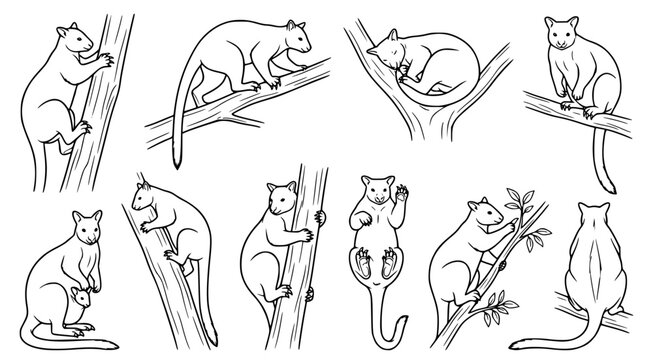 Collection of cuscus marsupials in various natural behaviors including climbing and sleeping for wildlife conservation or educational animal illustration projects