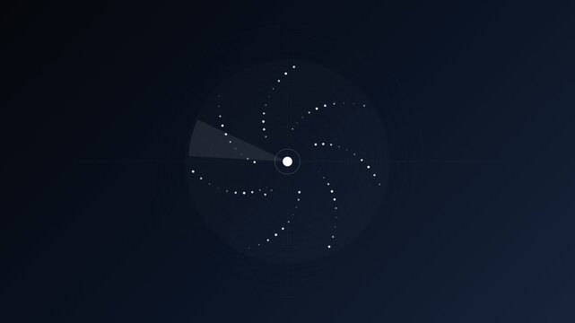 Digital radar scanning with white dots on dark background