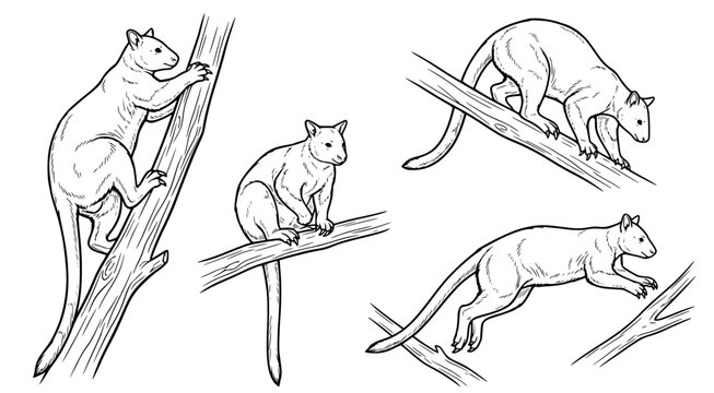 Set of hand drawn possum illustrations in different poses climbing and sitting on tree branches isolated on white background for coloring book page design