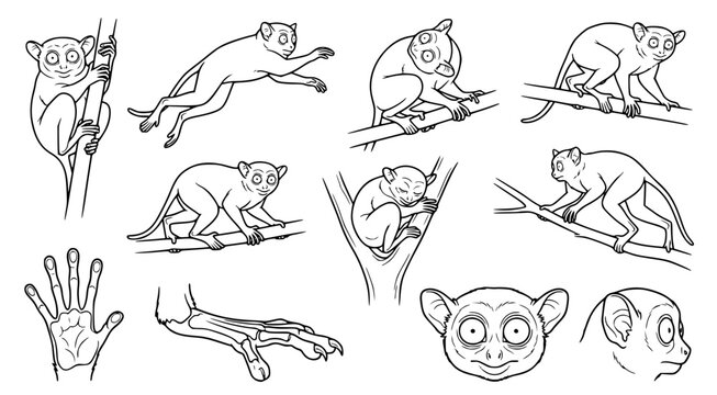Extensive collection of tarsier primate line art illustrations including hand details and portrait views for scientific study and educational wildlife design
