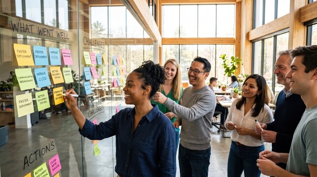 Team members collaborate during an agile project meeting by placing colorful sticky notes on a glass wall.