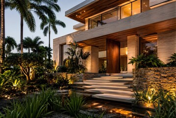 Fototapeta premium Modern Luxury Villa Exterior with Tropical Landscape, Natural Stone and Floor-to-Ceiling Glass, Ultra Photorealistic Architecture