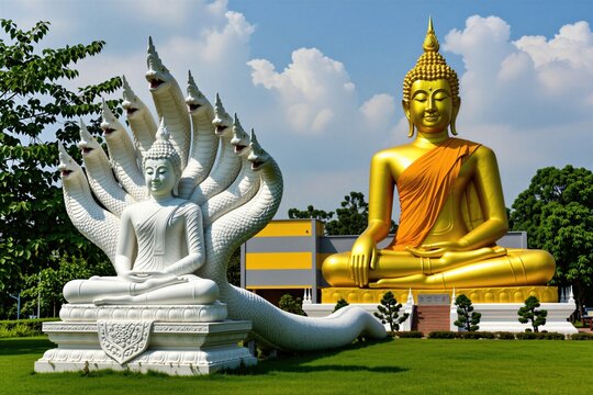 Two large Buddha statues, one gold one white, stand outdoors. The white statue sits beneath a multi-headed Naga serpent. Green grass and trees surround them, under a blue sky with white clouds.