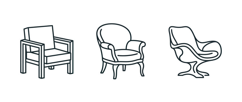 Three distinct chair designs illustrated in black line art on a white background