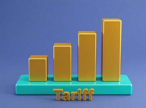 Golden bars ascend on teal platform, illustrating upward trend and tariff concept. Business finance growth metrics show positive economic data in simplified chart.