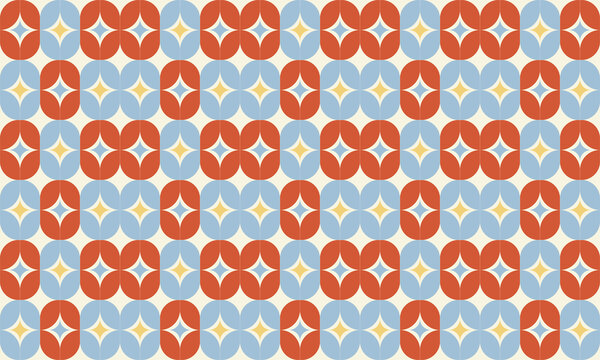 Groovy 1970s style seamless pattern with overlapping geometric shapes, terracotta and light blue retro mosaic with stars