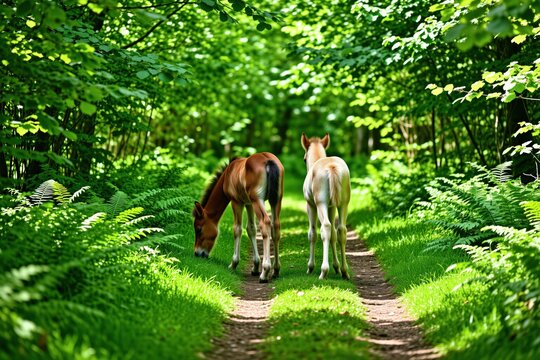 Two young foals graze on forest path surrounded by rich green trees and ferns. One foal eats grass while other stands looking away. Sunlight filters through dense canopy creating serene natural scene.