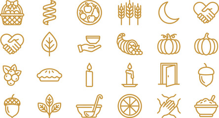 Elegant gold line art vector illustration featuring a collection of traditional autumn holiday seasonal icons © Septarim