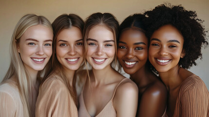 Obraz premium Diverse Group of Women Smiling Together Beauty Inclusion Skincare Empowerment Multicultural Female Friends Unity Harmony Sisterhood Natural Radiance Diversity Representation Concep