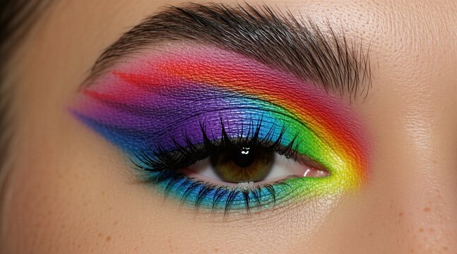 Closeup of human eye with vibrant rainbow eyeshadow and long lashes. Makeup celebrates pride diversity equality and inclusion. Bold creative cosmetic art.