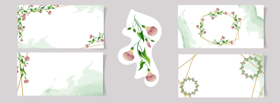 Set of watercolor floral Cards, Frames with delicate pink floral branches of field bindweed flowers, green foliage, luxurious gold geometric borders. Minimal templates with copy space. 