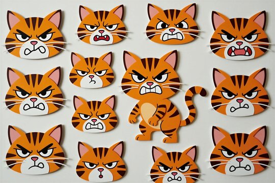 Orange cartoon cat shows many angry faces. This feline character displays different furious emotions. Illustration includes multiple cat heads and full body figure. Fun graphic depicts pet moods.