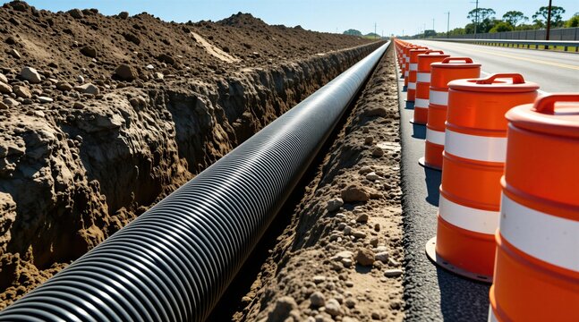 Large corrugated pipe installed in trench alongside rural road. Orange traffic barrels mark construction zone, directing vehicles around work area. Daylight scene shows infrastructure development.