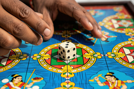 Man rolls dice on ancient Indian board game Leela. Close-up of hands and game cube on colorful patterned board with spiritual symbols. Strategy and chance play.