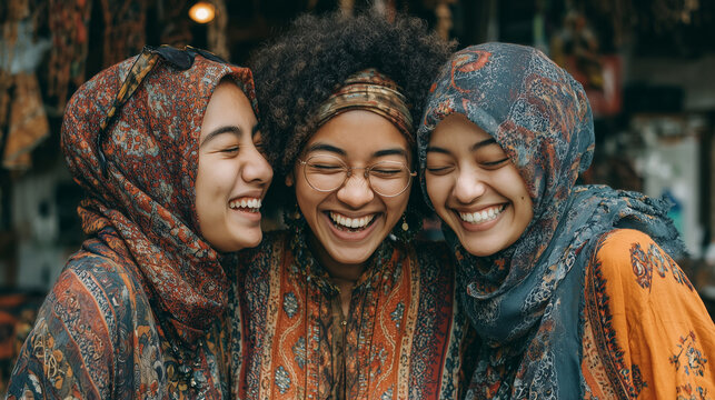Three young Muslim women laughing, wearing hijabs, authentic friendship, multi-ethnic friends, traditional clothing, lifestyle portrait, cheerful group, happiness, sisterhood. frie