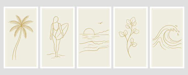 Set of five minimalist line art posters with beach and summer themes including palm tree, surfer girl, sunset ocean landscape, tropical plant branch and sea wave for poster or wall art design © Marjahan