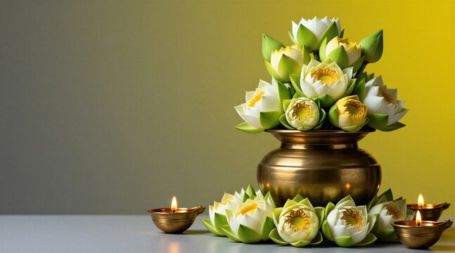 Brass pot overflows with white lotus flowers. Small diyas burn brightly around blooming water lilies. Traditional Indian decor for religious celebration or cultural event.