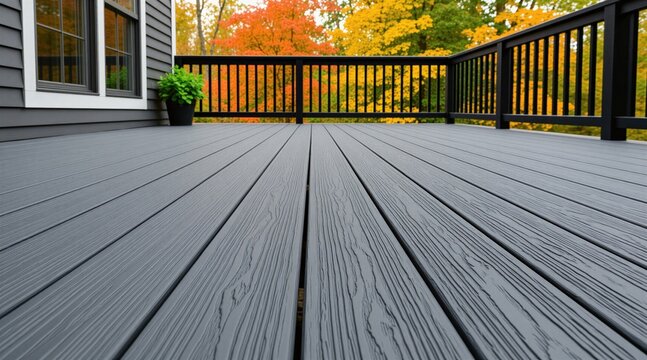 Modern grey deck boards stretch towards colorful autumn trees. Outdoor patio railing overlooks vibrant fall foliage. House exterior wall with window.