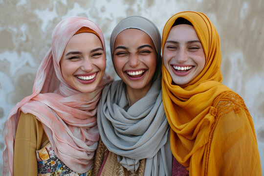 Three diverse Muslim women friends laughing, sisterhood, modest fashion, multicultural friendship, joy, empowerment, togetherness, traditional clothing, smiling.women, friends, lau