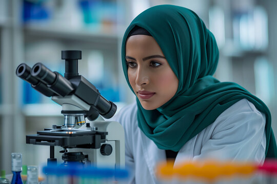 Female Muslim scientist looking through microscope, laboratory research, researcher in hijab, scientific analysis, medical experiment, lab equipment, diversity in science. scientis