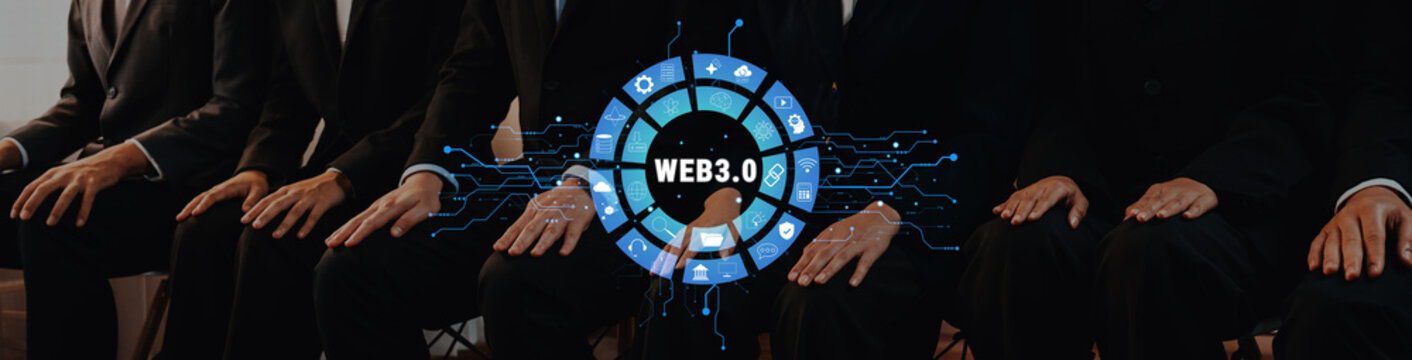A group of professionals engaged in a Web 3.0 conference, symbolizing collaboration and innovation in the digital landscape. Focus on technology and networking. Trope