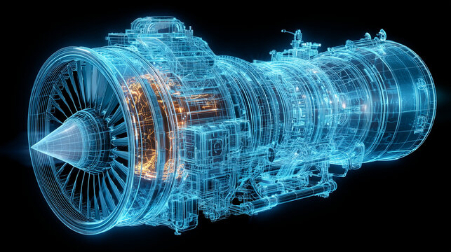 Jet engine turbine blueprint, holographic technical projection, aerospace engineering concept, mechanical design, 3D engine visualization, aviation technology. engine, turbine, blu