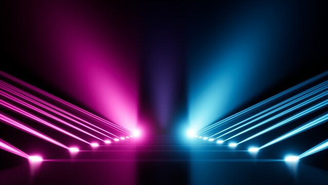 Symmetrical pink and blue spotlight columns on a dark podium with reflective flooring, 3d rendering