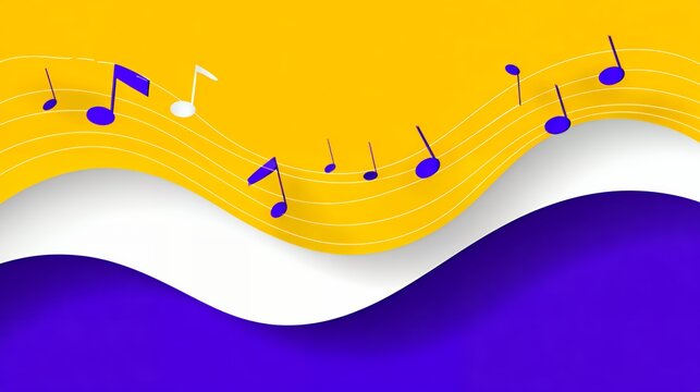 3D abstract music background with floating notes on wavy yellow and deep purple layers. Creative melody, rhythm, and sound composition.