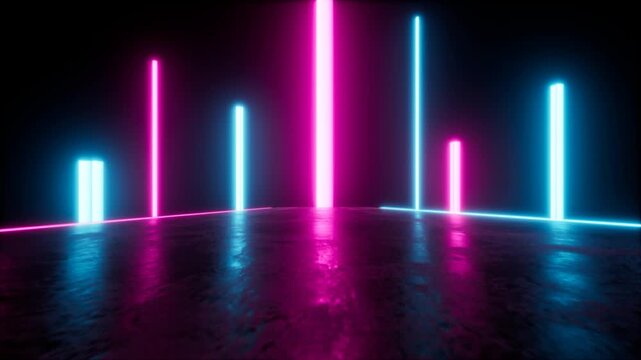 Neon pillar installation with cyan and magenta vertical lights over reflective concrete floor in futuristic interior, with neon, magenta, cyan, looped video, 3d rendering