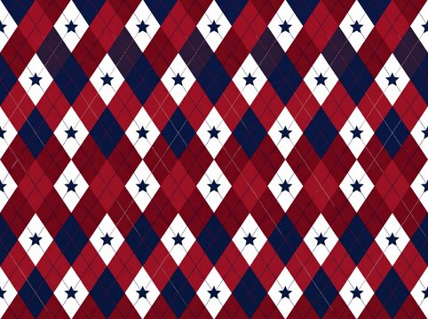 Seamless argyle pattern with stars in red, white and blue colors