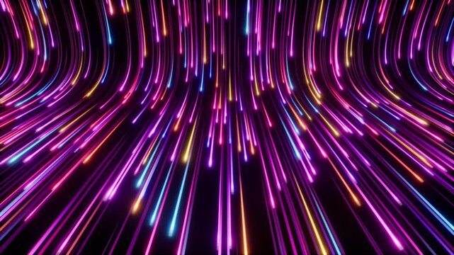 Vibrant neon light trails in a futuristic tunnel create a colorful and dynamic display, looped video, 3d rendering