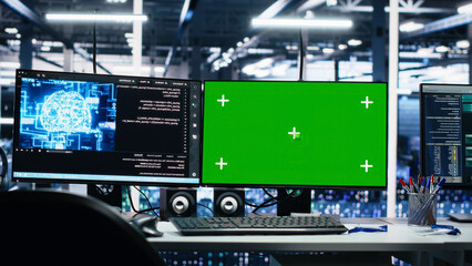 Fototapeta premium Green screen computers support AI training workflows and automated server equipment systems in a data center.