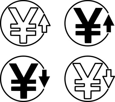 Yen currency icons showing exchange rate fluctuations, the value of Japanese money going up and down, black and white financial market vectors