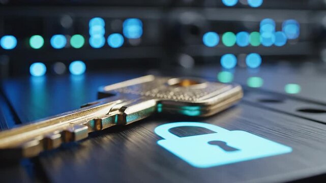 Gold key placed on server rack with glowing lock icon. Cybersecurity concept representing digital encryption of data and hardware infrastructure protection