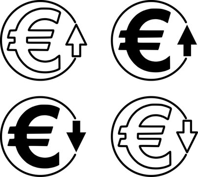 Euro currency icon set displaying international exchange rate changes, European money value trends rising and falling, black and white market vector graphics