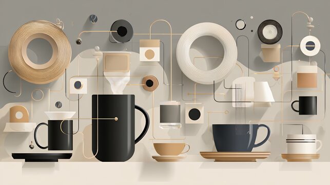 Complex 3D abstract coffee making machine infographic with mugs dripping elements and geometric shapes in earth tones