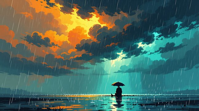 Person sits alone under umbrella by water during rain storm. Dramatic sky with sun rays breaks through dark clouds. Moody atmosphere reflects on wet ground, calm mood.